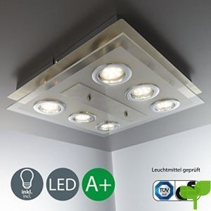 Lámpara de techo LED I 6 focos I Marco cuadrado I Incluye 6 luces GU10 de 3 W I Lámpara para habitación I Color níquel mate I Color de la luz blanco cálido I 230 V I IP20