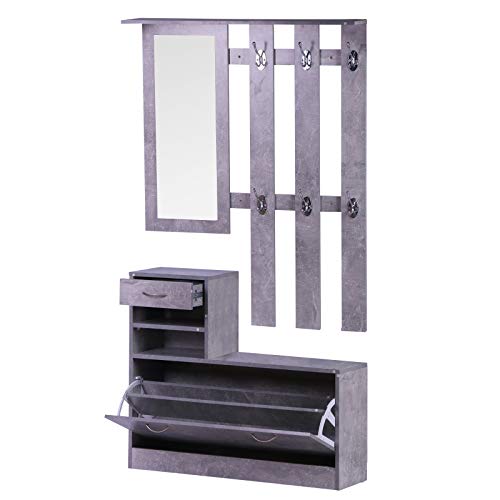 HOMCOM Conjunto de Muebles de Entrada Recibidor Pasillo Set de 3 Piezas Perchero Espejo Zapatero con Cajón 90x22x116cm Gris