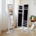 2 en 1 Espejo de Pie y Joyero Organizador para Dormitorio o vestidor – con Soporte de Suelo – Madera – Color Blanco – 34x37x144cm